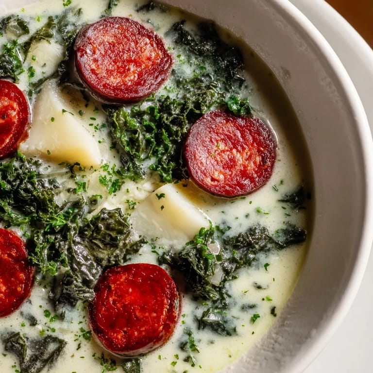 Creamy Portuguese Caldo Verde soup, showcasing vibrant green kale and flavorful chorizo, perfect for a cold day.
