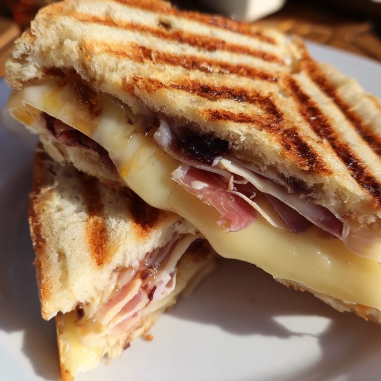 Two Crispy Prosciutto & Fig Panini served warm on a white plate, ready for lunch or a quick dinner.