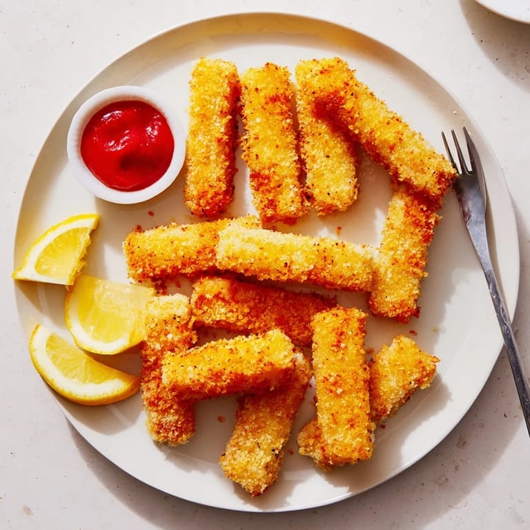 A close-up view of Crispy Panko Halloumi wedges, showing the golden breadcrumbs and cheese texture, paired with fresh lemon and hot sauce.