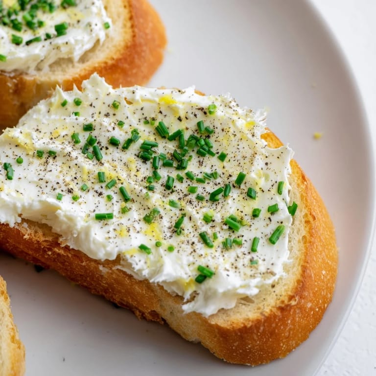 Toasted baguette slices with smooth vodka-infused butter, served warm and ready for appetizer pairing with optional smoked salmon toppings.