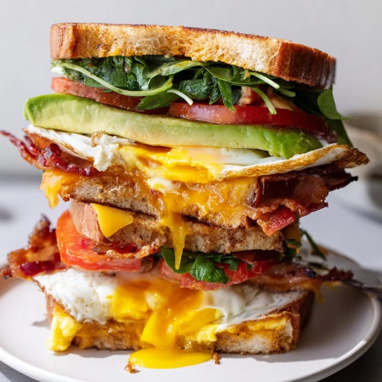 A fully loaded breakfast sandwich features a sunny-side-up egg, fresh spinach, and ripe avocado for a hearty morning meal.