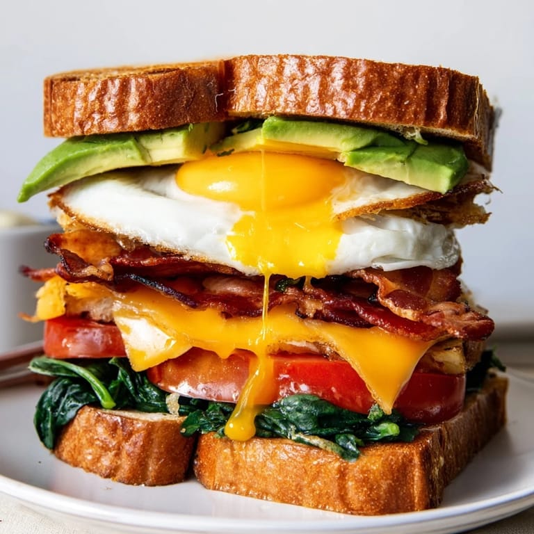 Stacked high on toasted brioche, this Loaded Breakfast Sandwich includes bacon, melted cheese, and sliced tomato for a savory bite.