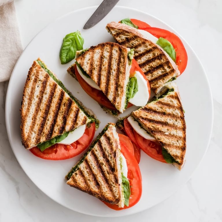 This Golden BBQ Chicken Panini Press showcases crispy bread, spicy chicken, melted pepper jack, and thinly sliced red onion.