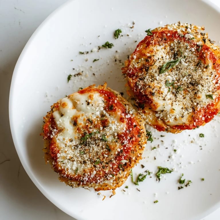 A close-up of Crispy Rice Cake Cheese Stacks reveals bubbling parmesan and dried oregano on top, ready to be dipped in marinara sauce.  