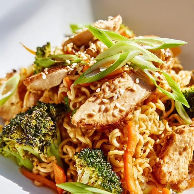 Close-up of Spicy Ramen Stir-Fry showcasing glossy noodles, vibrant veggies, and fresh green onions for a quick, satisfying meal.