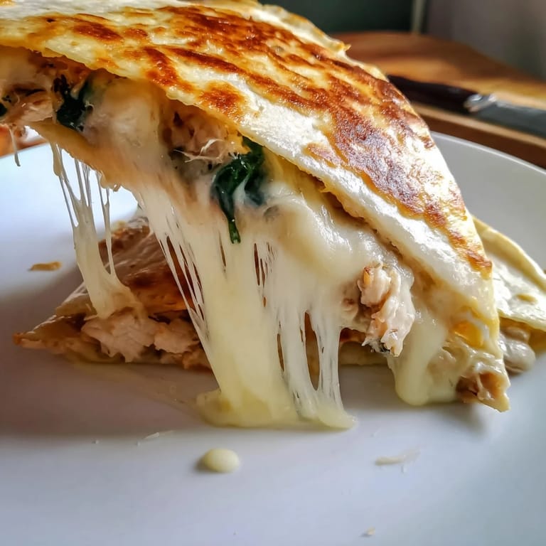 Golden Chicken and Spinach Quesadilla wedges served with salsa and sour cream on a vibrant plate, perfect for a quick dinner.  