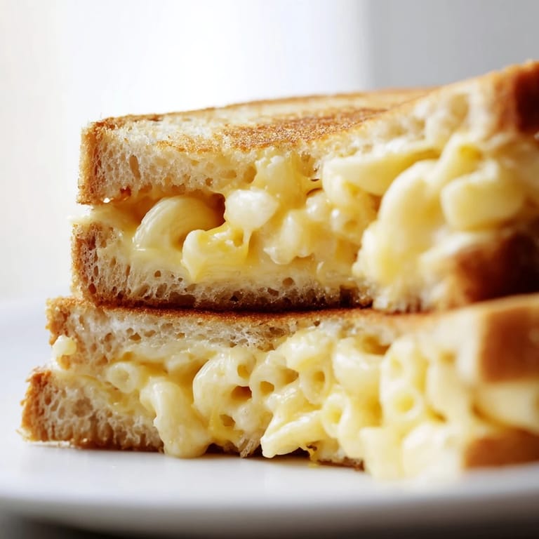 Comfort food at its finest: a golden-brown mac & cheese grilled cheese resting beside a bowl of tomato soup.