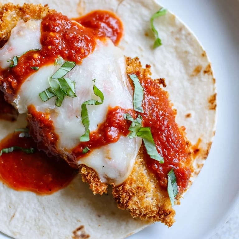 A golden-brown Crispy Chicken Parm Wrap cut in half, revealing layers of marinara, cheese, and basil.