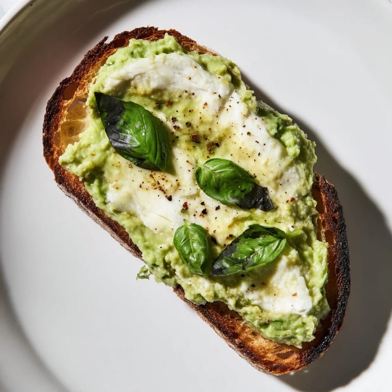 A fresh, vegetarian tartine with bright green avocado, white melted mozzarella, and optional red pepper flakes.