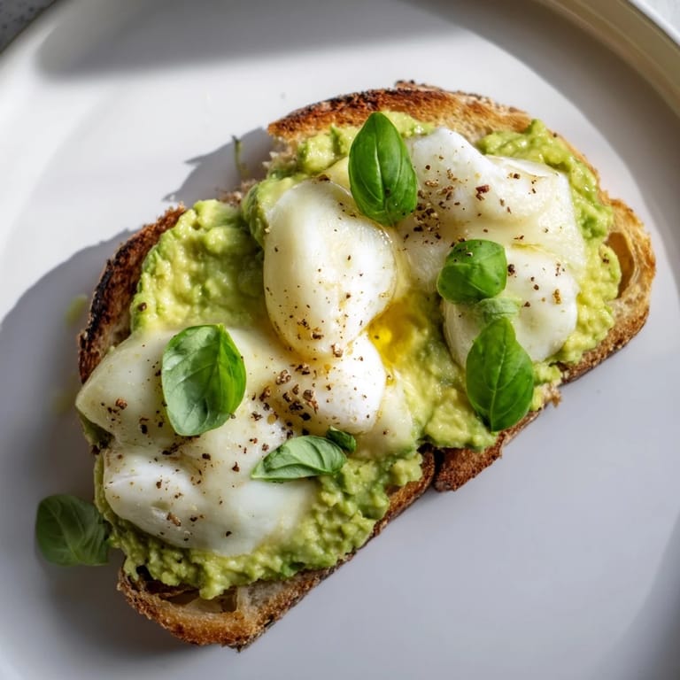 Close-up of a vibrant avocado mozzarella tartine with gooey cheese and olive oil drizzle on rustic bread.  