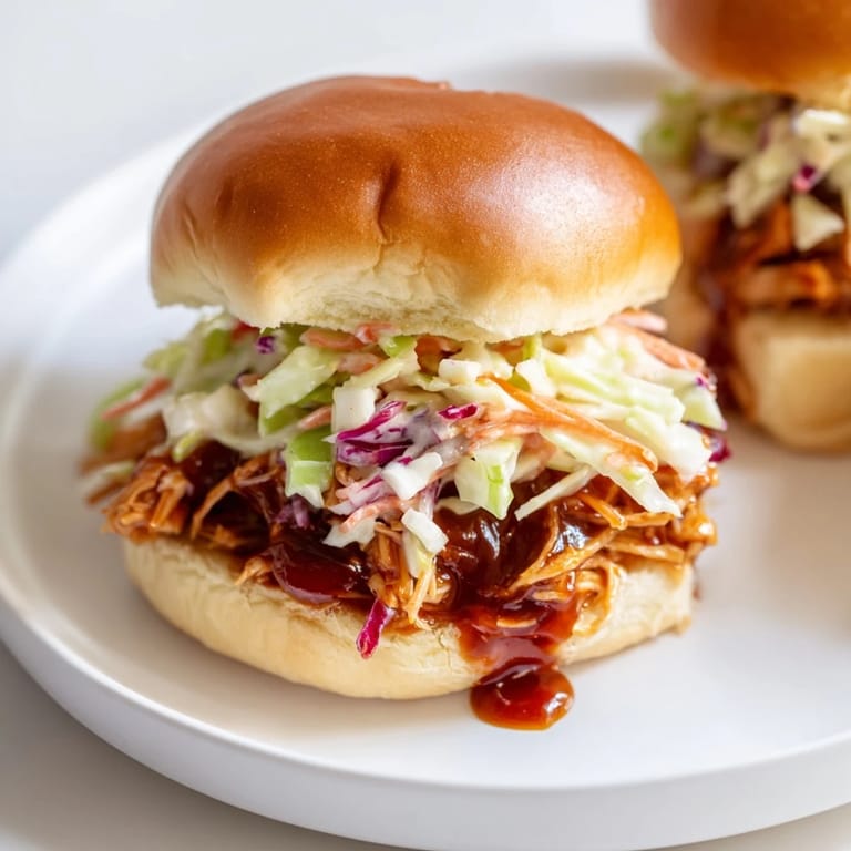 Freshly assembled BBQ chicken sliders with crunchy slaw and melted butter toasted mini buns.  
