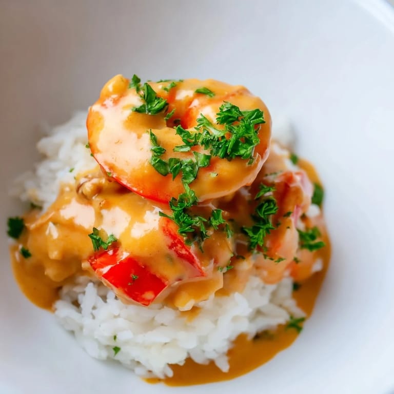Golden creamy Cajun shrimp rice bowl featuring succulent shrimp and sautéed peppers, served as a comforting and flavorful main dish.