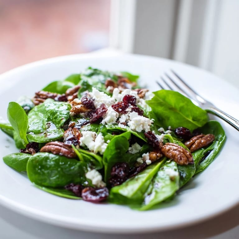 Perfect for a healthy side or starter, this Spinach Goat Cheese Salad combines crunchy pecans, chewy cranberries, and silky goat cheese in every colorful bite.