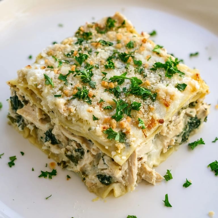 A close-up of Chicken Alfredo Lasagna showcases the rich Alfredo sauce and gooey cheese topping.