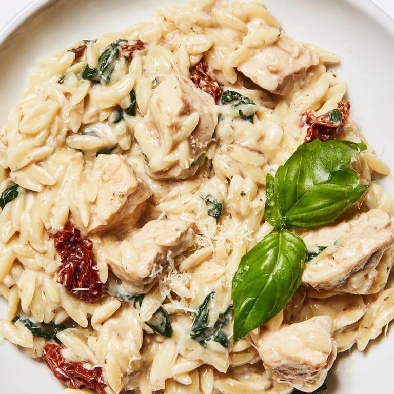 Serving of hot Tuscan Chicken Orzo in a rustic skillet, garnished with grated Parmesan and a sprinkle of red pepper flakes for color.