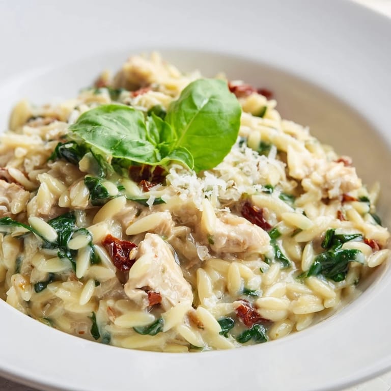 A single bowl of Tuscan Chicken Orzo with wilted spinach and tender pasta, steam rising from the rich, creamy sauce.