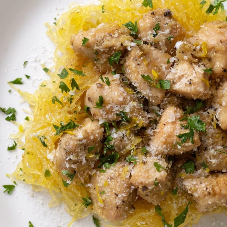 Lemon Garlic Chicken Spaghetti Squash plated with a fresh lemon wedge and parsley garnish, ready to serve.