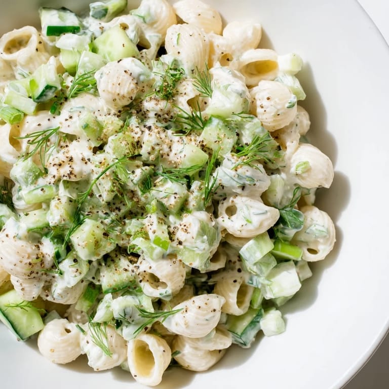 This refreshing Cucumber Crunch Pasta Salad is ready for a summer picnic, garnished with fresh dill and lemon.