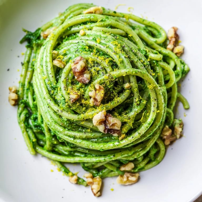 Vibrant green sauce of Creamy Spinach Walnut Pasta being poured over penne in a skillet.  