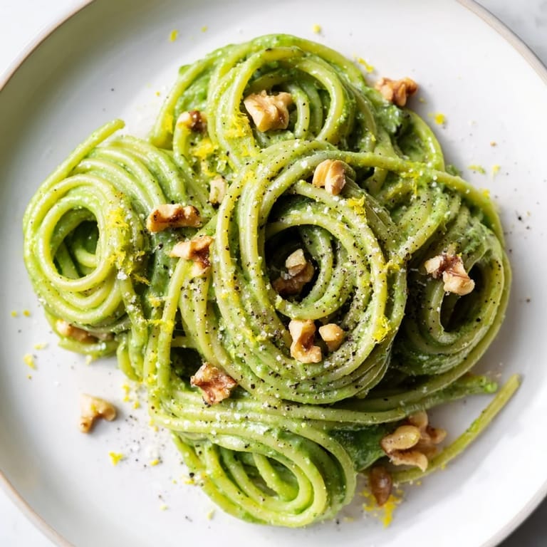 Close-up on a plate of Creamy Spinach Walnut Pasta, highlighting the velvety texture and fresh herbs.