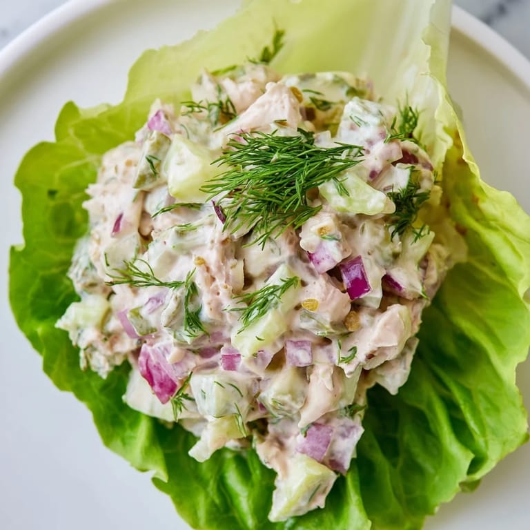 Serving Dill Pickle Chicken Salad Lettuce Cups on a platter, garnished with extra dill and pickle spears.