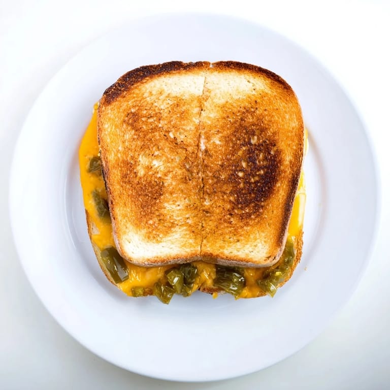 A close-up view of a freshly sliced Jalapeño Pepper Jack Grilled Cheese on a rustic wooden board.  