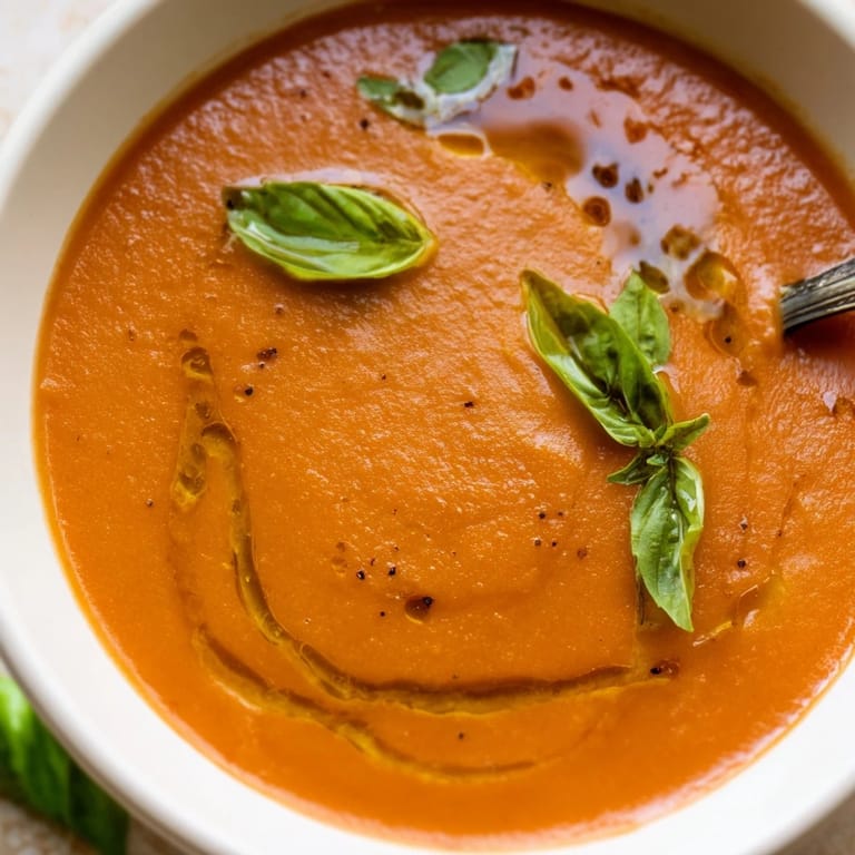 Hearty Tomato and Basil Soup simmered with onions and garlic, perfect for dipping crusty artisan bread into.