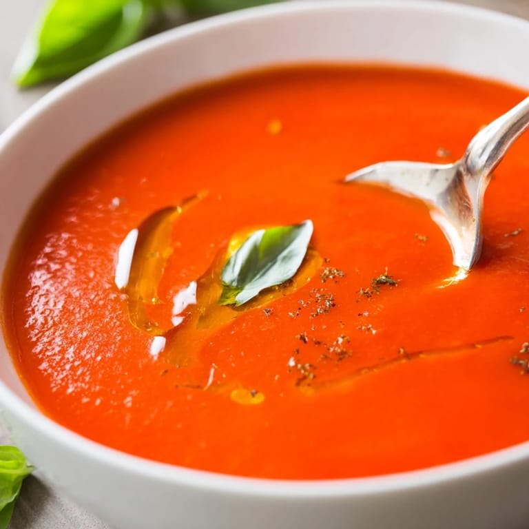 Silky smooth Tomato and Basil Soup with a vibrant red color, ready to enjoy with a grilled cheese sandwich.