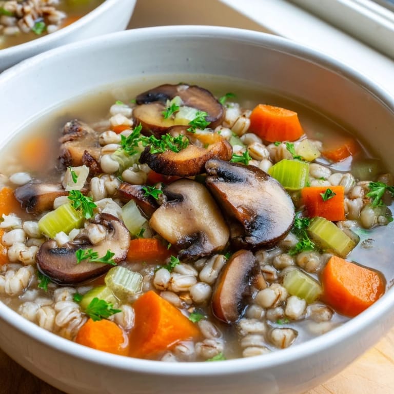 Served in a cozy ceramic bowl, this earthy Mushroom and Barley Soup pairs perfectly with crusty bread, featuring a ladle’s worth ready to enjoy on a chilly day.
