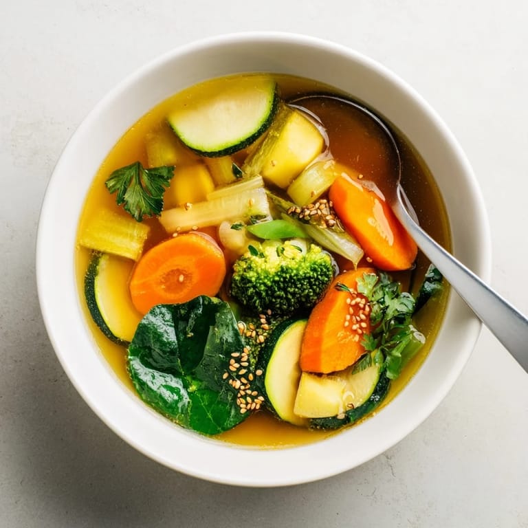 Savory Collagen-Boosting Broth Bowl featuring tender zucchini, celery, and wilted spinach in a nourishing bone broth.