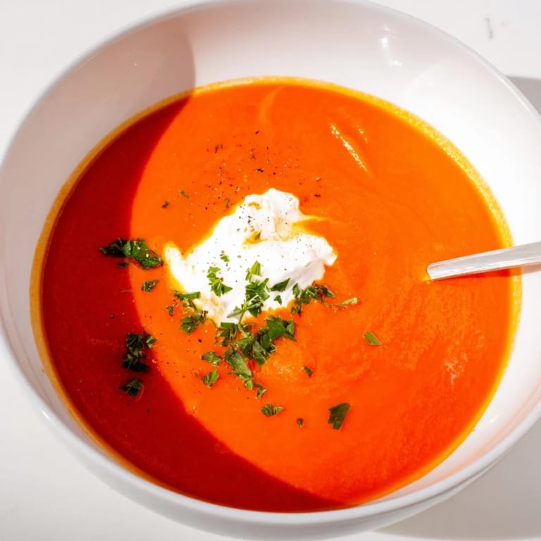 Homemade Roasted Red Pepper Soup simmering in a pot, featuring charred peppers, harissa, and carrots for Mediterranean flavor.