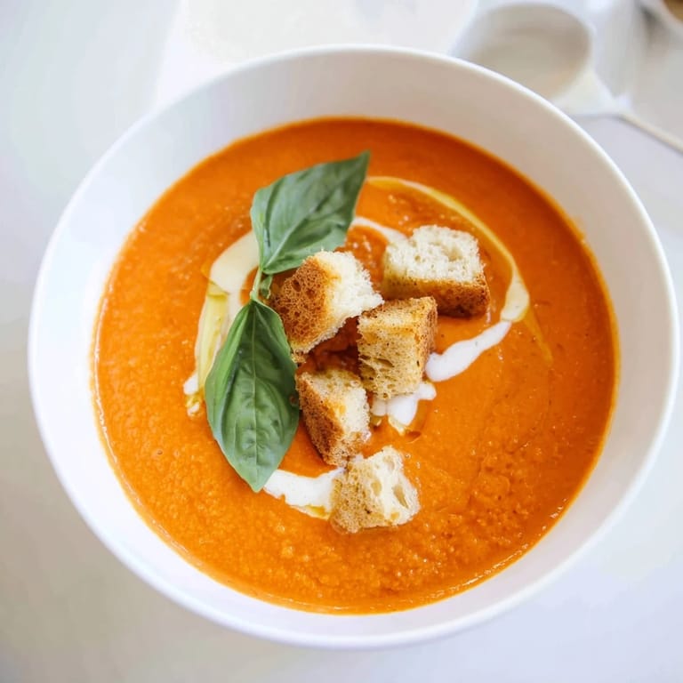 A comforting bowl of roasted tomato soup with crunchy homemade croutons, perfect for an easy weeknight dinner.