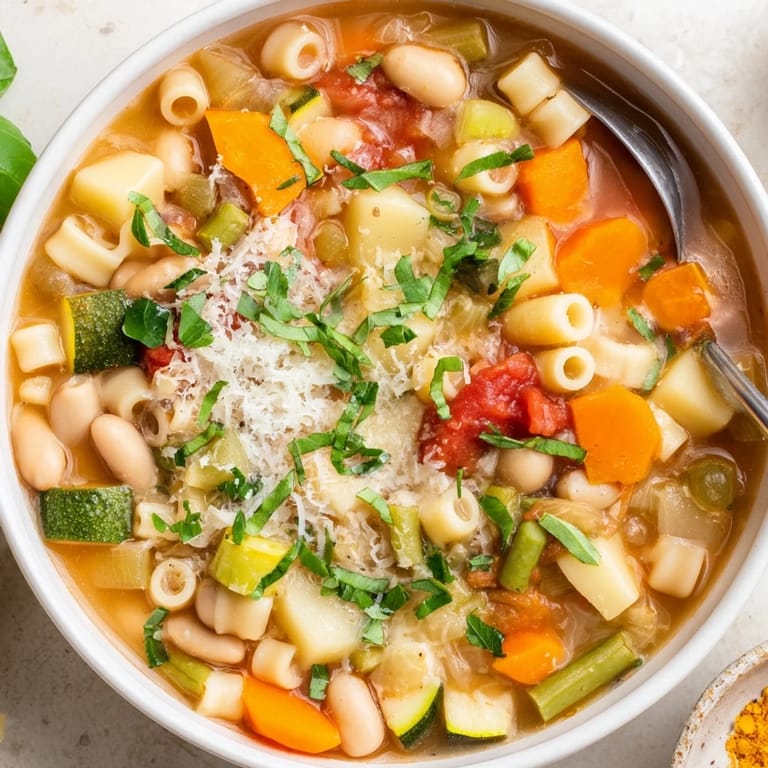 Serving suggestion for minestrone vegetable soup: a steaming bowl garnished with grated Parmesan and fresh basil, alongside crusty Italian bread for dipping.