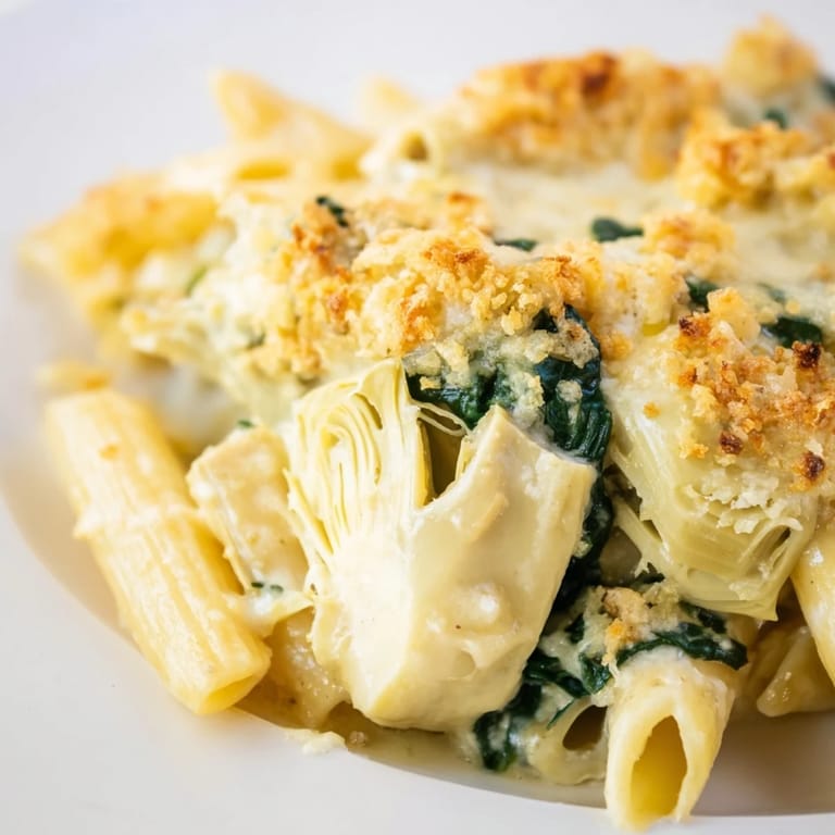 Bubbling Artichoke Pasta Bake fresh from the oven, featuring tender pasta, spinach, and artichokes in a rich, creamy sauce.