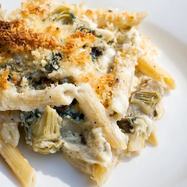 Artichoke Pasta Bake served in a white casserole dish, golden breadcrumbs topping the spinach and artichoke pasta.