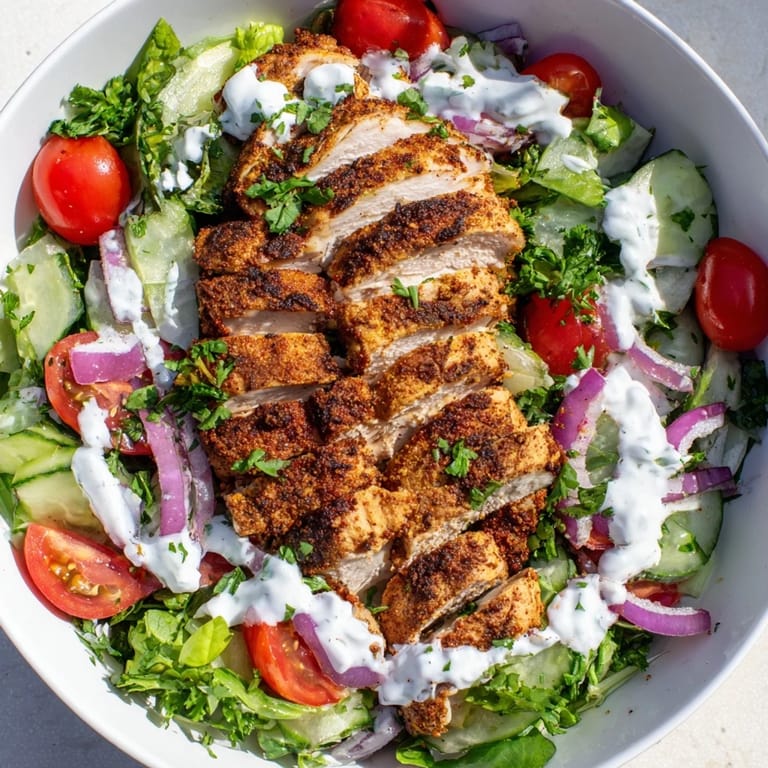 Hearty and healthy, this chicken shawarma salad bowl features aromatic, pan-seared meat, fresh vegetables, and a creamy, tangy garlic yogurt sauce.