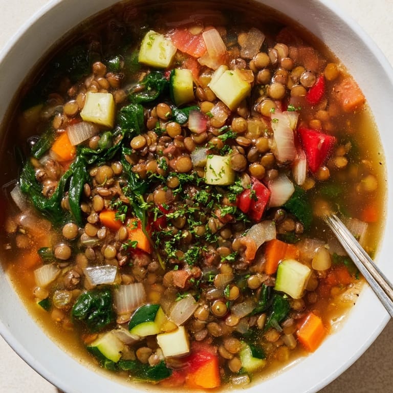 Lentil and Vegetable Soup is ladled into a white bowl, revealing tender carrots and spinach in a rich tomato broth.  