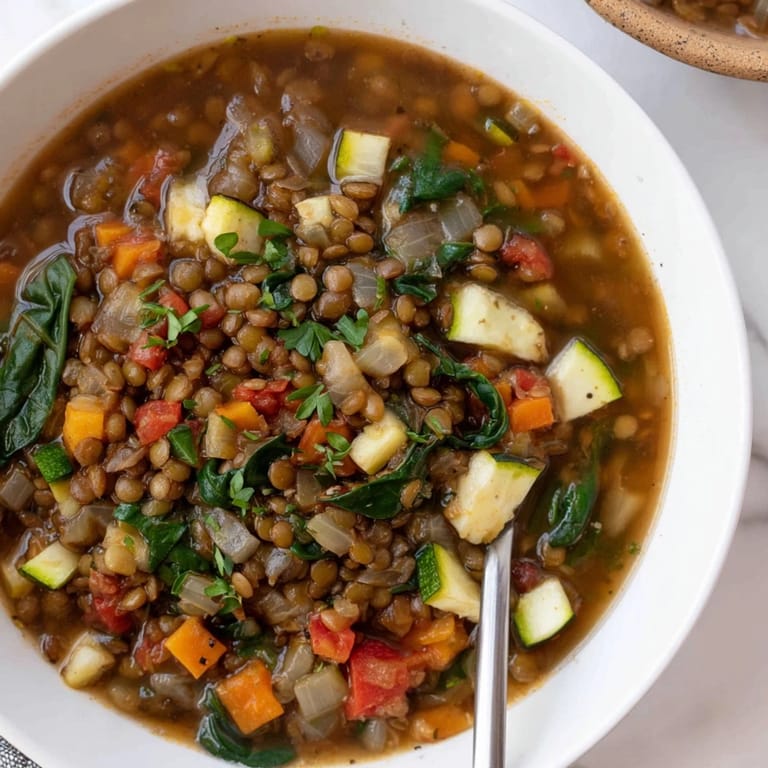 A rustic pot of Lentil and Vegetable Soup simmers on the stove, packed with colorful vegetables and warming spices.