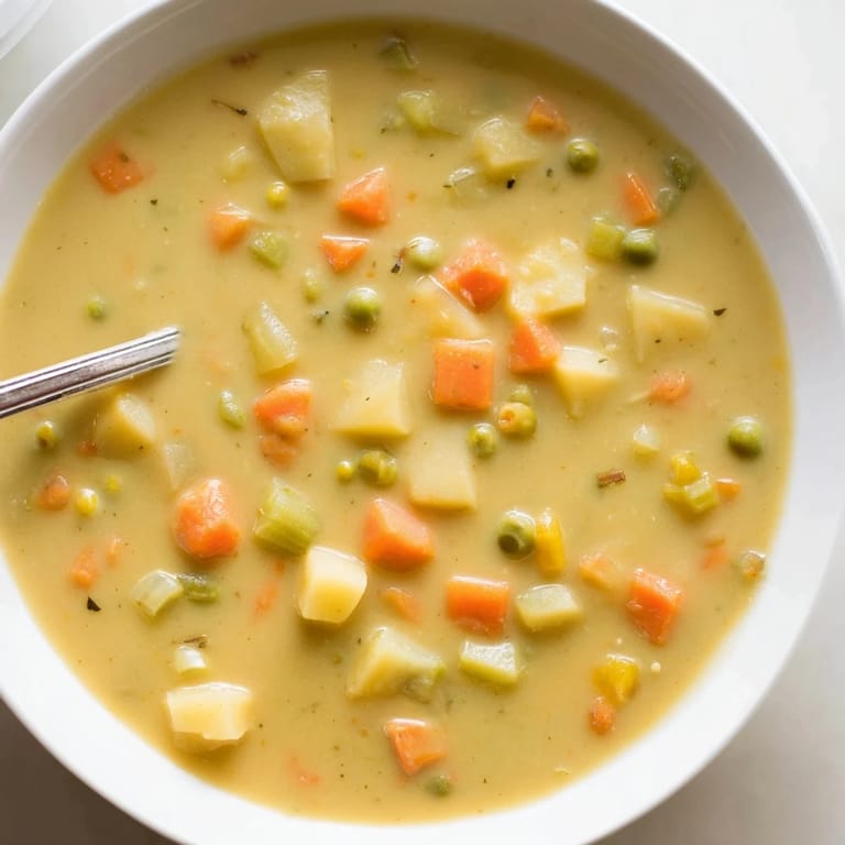 This hearty Split Pea Soup is garnished with fresh thyme and served alongside a slice of crusty artisan bread.
