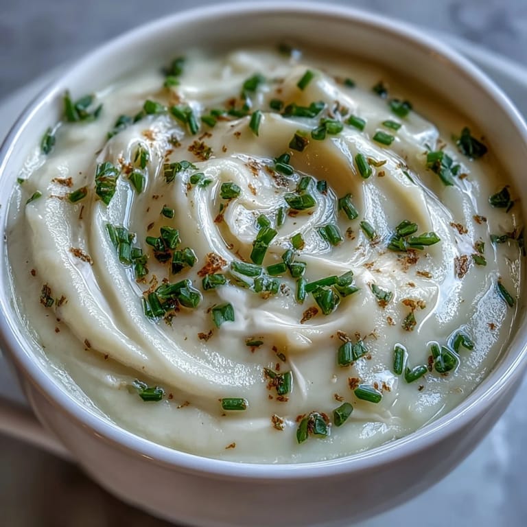 Velvety Celery Root Bisque with a drizzle of truffle oil and microgreens, highlighting the elegant, smooth texture of this classic French-inspired soup.