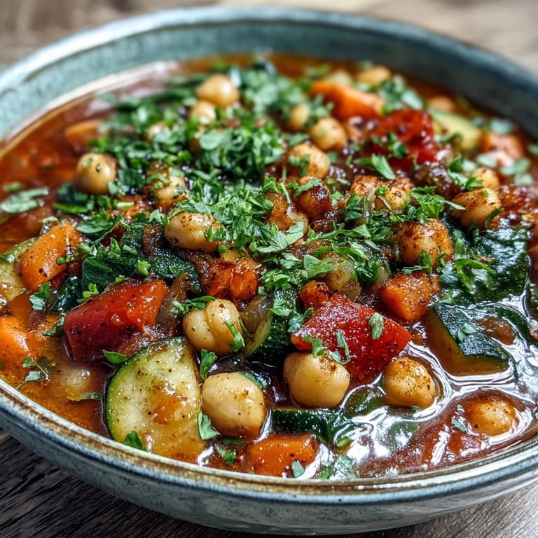 A close-up serving of chickpea stew in a rustic bowl, garnished with fresh parsley and lemon wedges alongside crusty artisan bread.