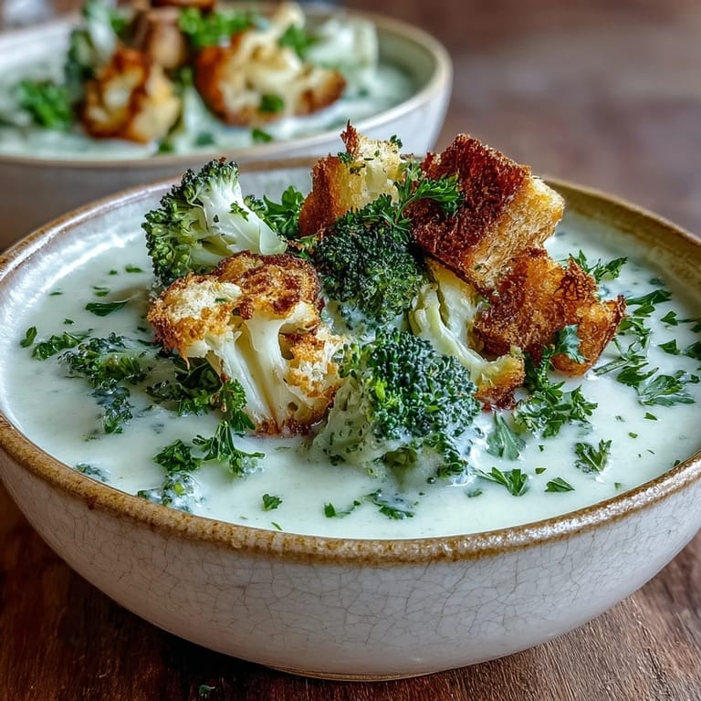 A bowl of blended Cauliflower and Broccoli Soup with sautéed onions, carrots, and celery, garnished with herbs and Parmesan cheese.