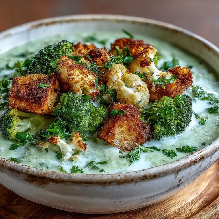 Homemade Cauliflower and Broccoli Soup featuring tender vegetables and thyme, served with crispy olive oil croutons for a comforting meal.
