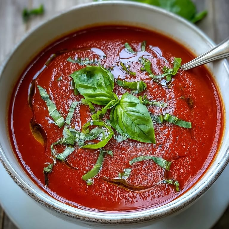 Silky tomato and basil soup simmered in a pot, ready to be blended to smooth perfection.