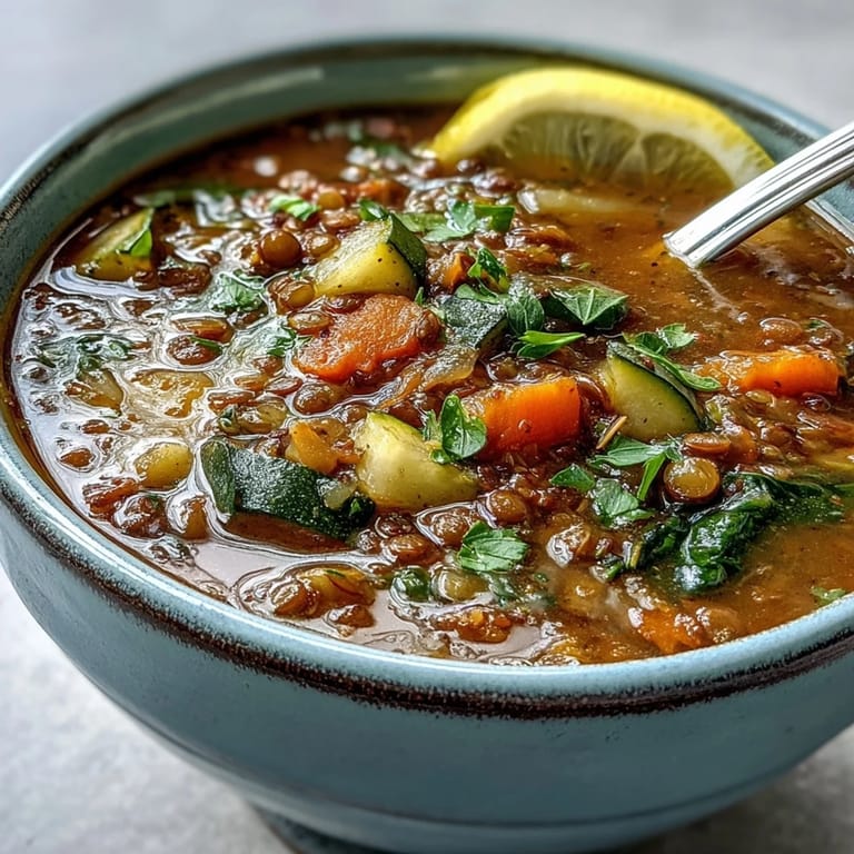 Warm Lentil Soup in a white bowl, garnished with fresh parsley and lemon wedges.