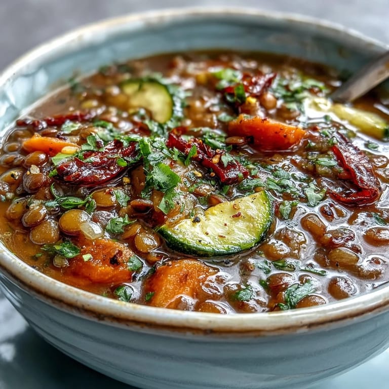 Steaming bowl of Lentil and Vegetable Soup served alongside crusty bread for a cozy meal.