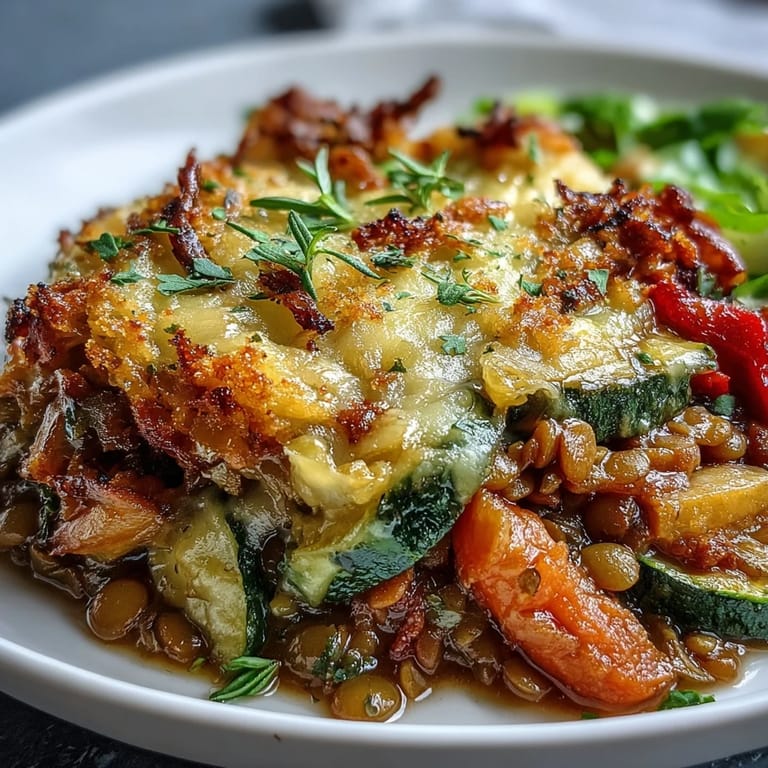 Freshly baked Green Lentil and Vegetable Casserole served in a white dish alongside crusty artisan bread.