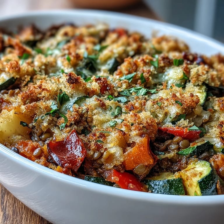 Spoon serving up a hearty Green Lentil and Vegetable Casserole packed with tender carrots, zucchini, and spinach.