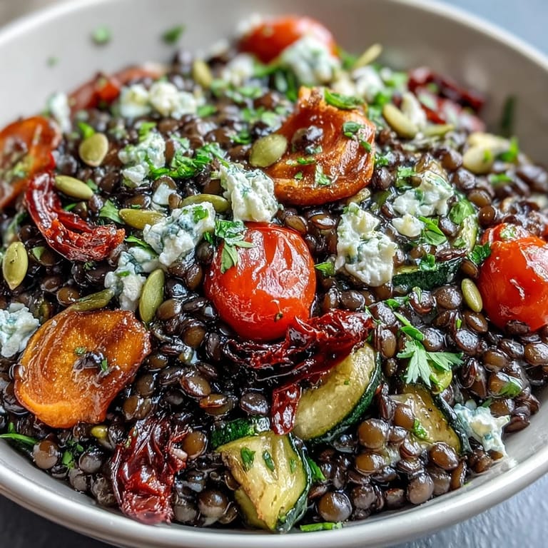 Serve this nutritious Mediterranean Black Lentil Salad warm or at room temperature as a hearty main.