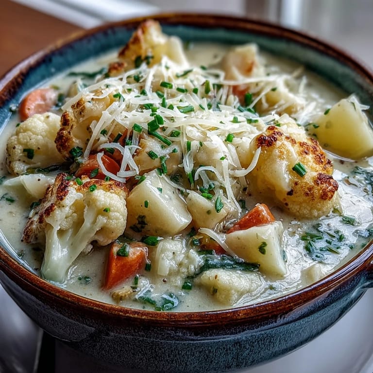 Steam rises from a comforting pot of Vegetarian Cauliflower Chowder, garnished with parsley and a pinch of smoked paprika.
